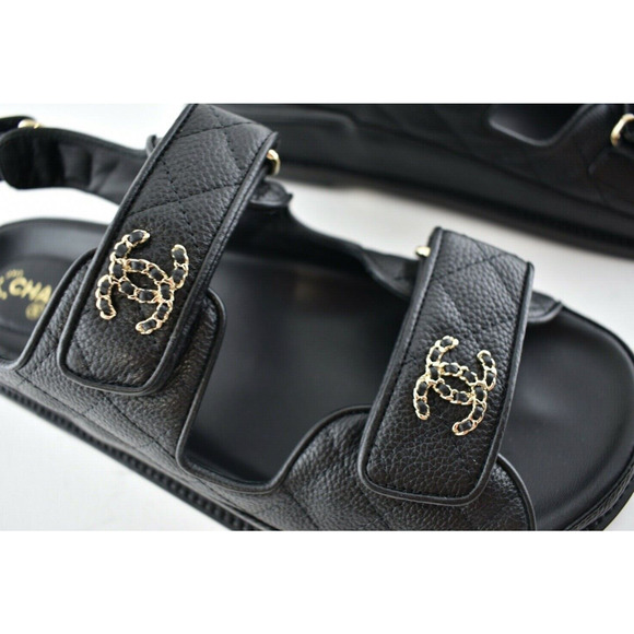 Chanel REV Black Caviar Gold CC Logo Mule Slide Strap Flat Teva Dad Sandal 36.5 - Picture 5 of 12